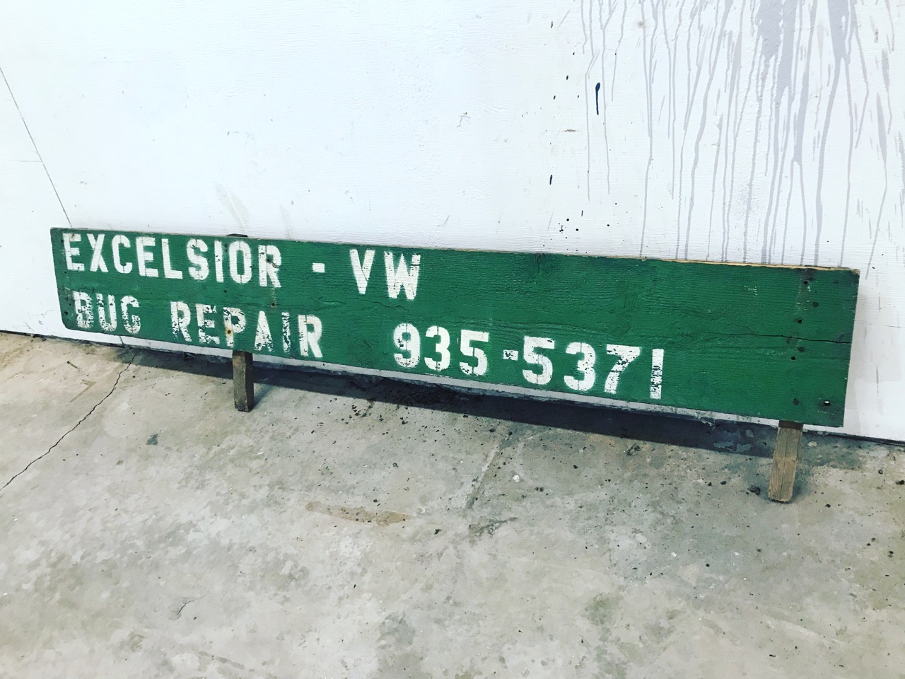 6' hand built and painted wood Excelsior VW (Bug) repair roadside sign